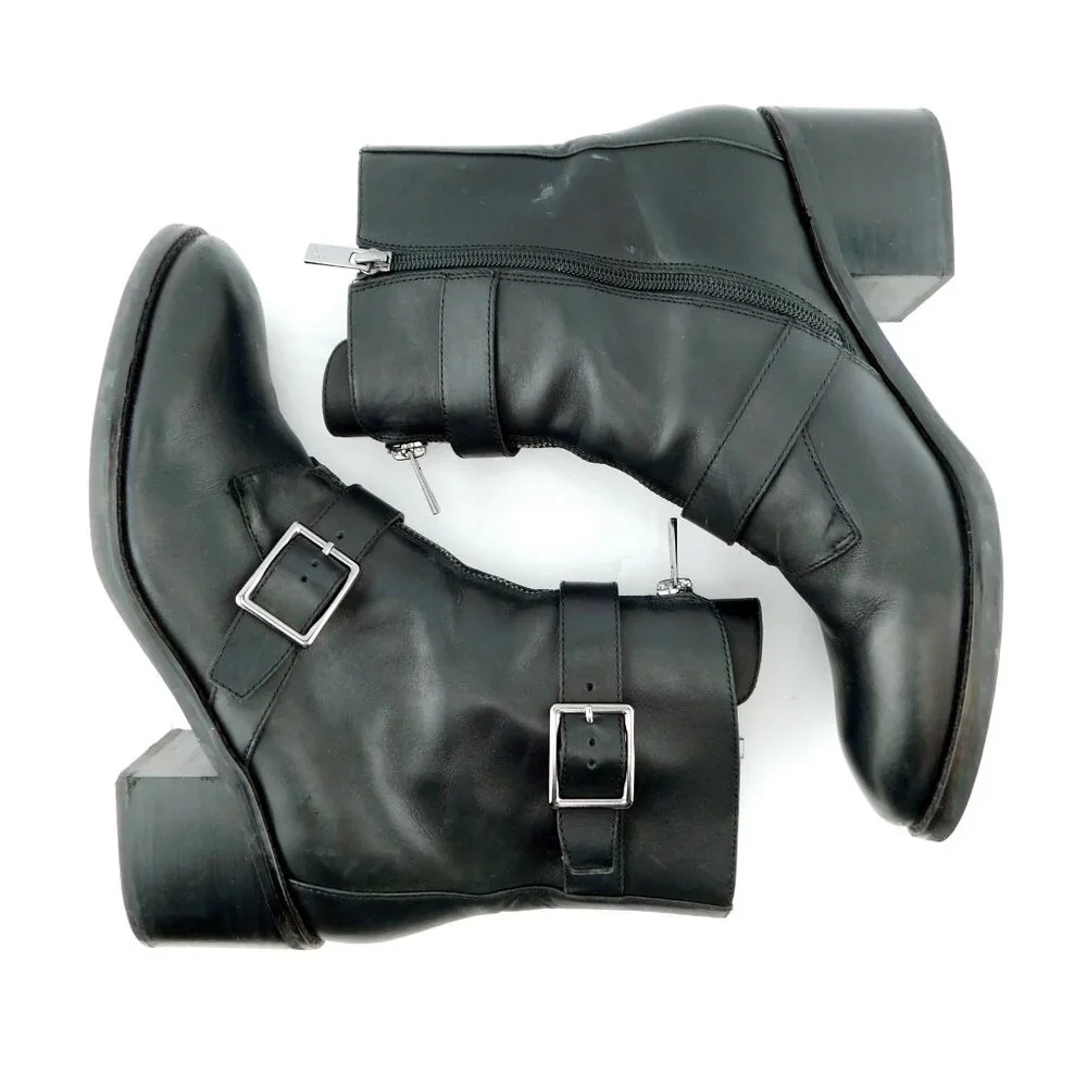 DONALD PLINER Black Leather Strap & Zipper Block Heel Ankle Boots 9.5